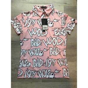 Bad Birdie Women's Pink Graffiti Print Golf Polo Shirt Size M